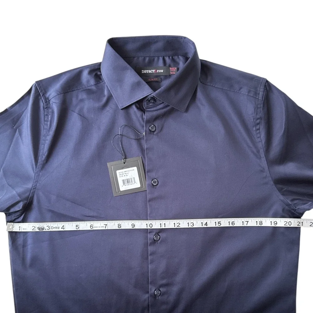 DSTRCT & Row Slim Fit Dress Shirt Navy Size M Wrinkle-Free Long Sleeve Button Up